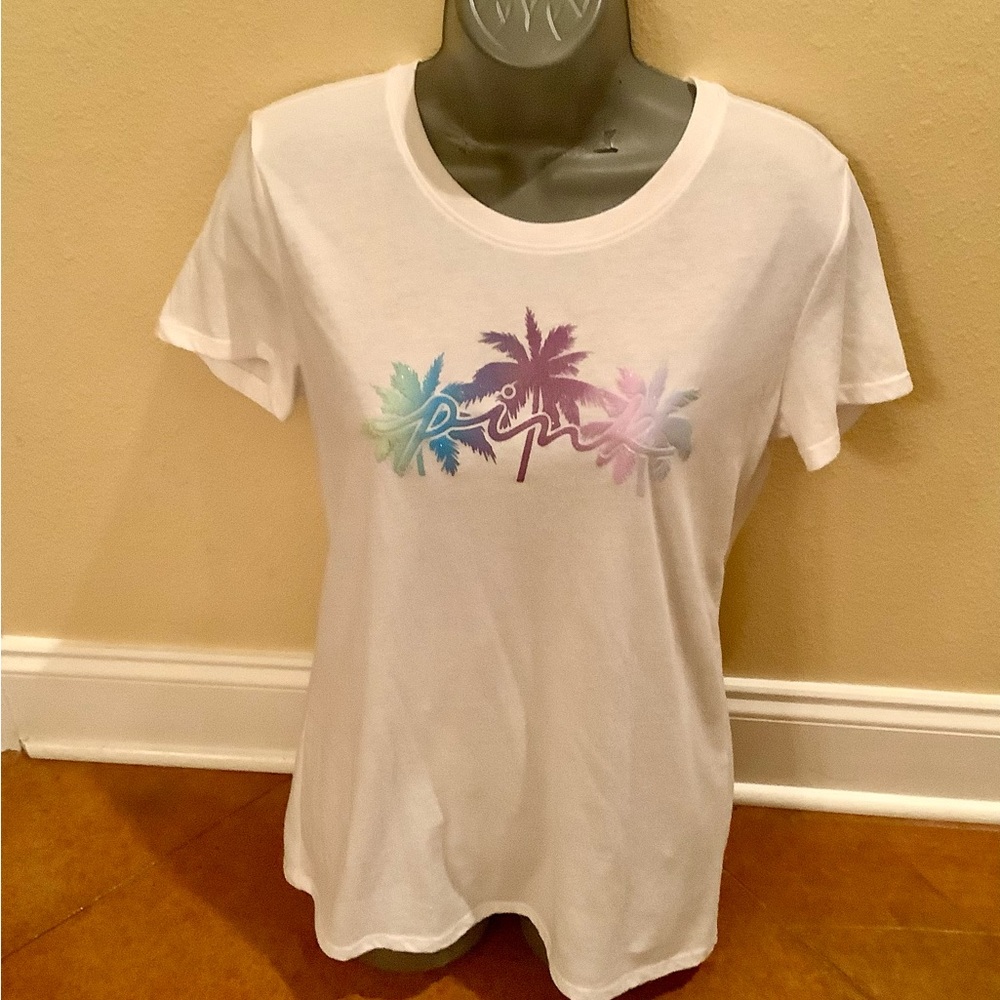 PINK Victoria's Secret colorful glittery Palm Tree Graphic Tee. NWT. Sz S - Picture 4 of 7